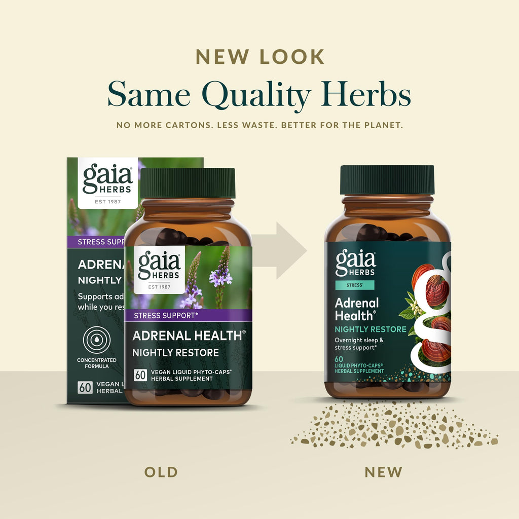 Gaia Herbs Adrenal Health Nightly Restore - Herbal Supplement with Ashwagandha, Magnolia Bark, Cordyceps, Lemon Balm & More* - 60 Vegan Liquid Phyto-Caps (30 Servings)