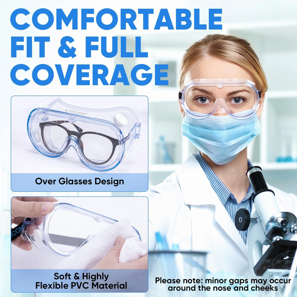 TICONN Anti-Fog Safety Goggles, HD Clear Eye Protection, ANSI Z87.1 Lab Goggles for Chemistry, Industrial (2PK)