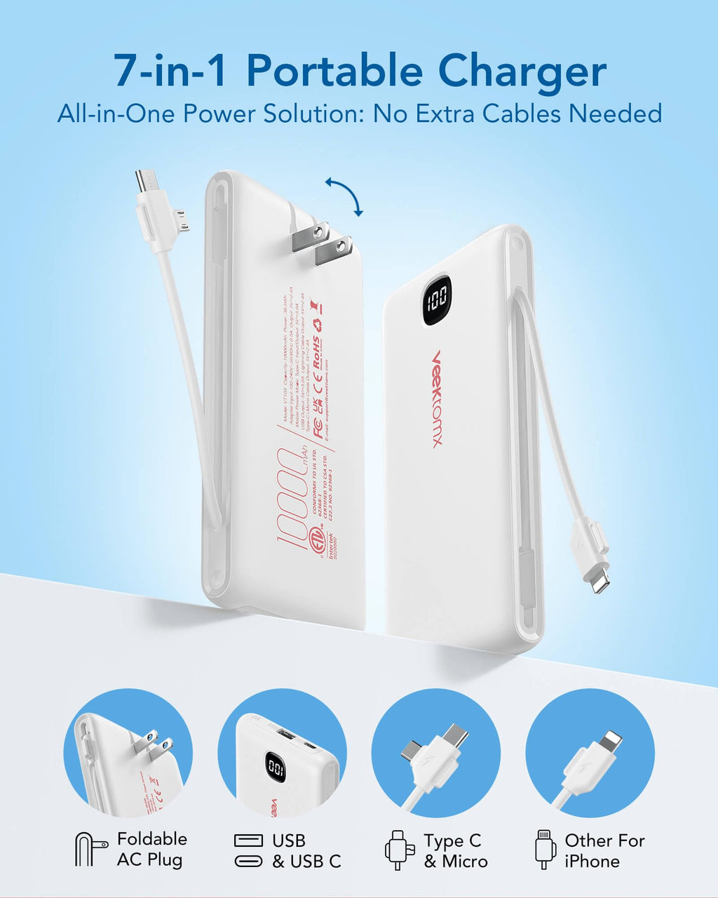VEEKTOMX Portable Charger with Built-in Cables and AC Wall Plug, 10000mAh