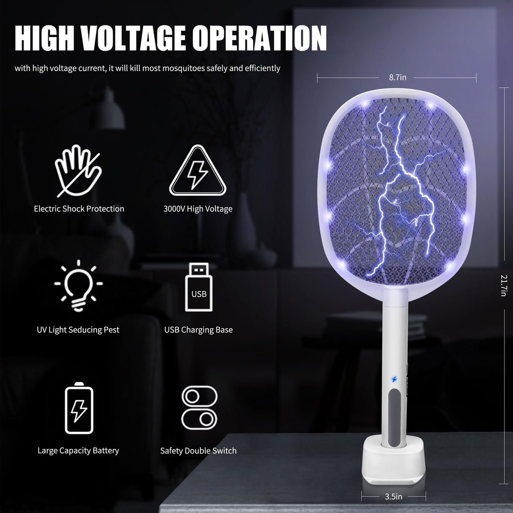 Lulu Home 2-in-1 Electric Bug Zapper Racket, 2 Pack 4000V High Voltage LED Lighted Handheld Mosquito Swatter with 3 Layer Safety Mesh, USB Charging Portable Fly Killer Racquet