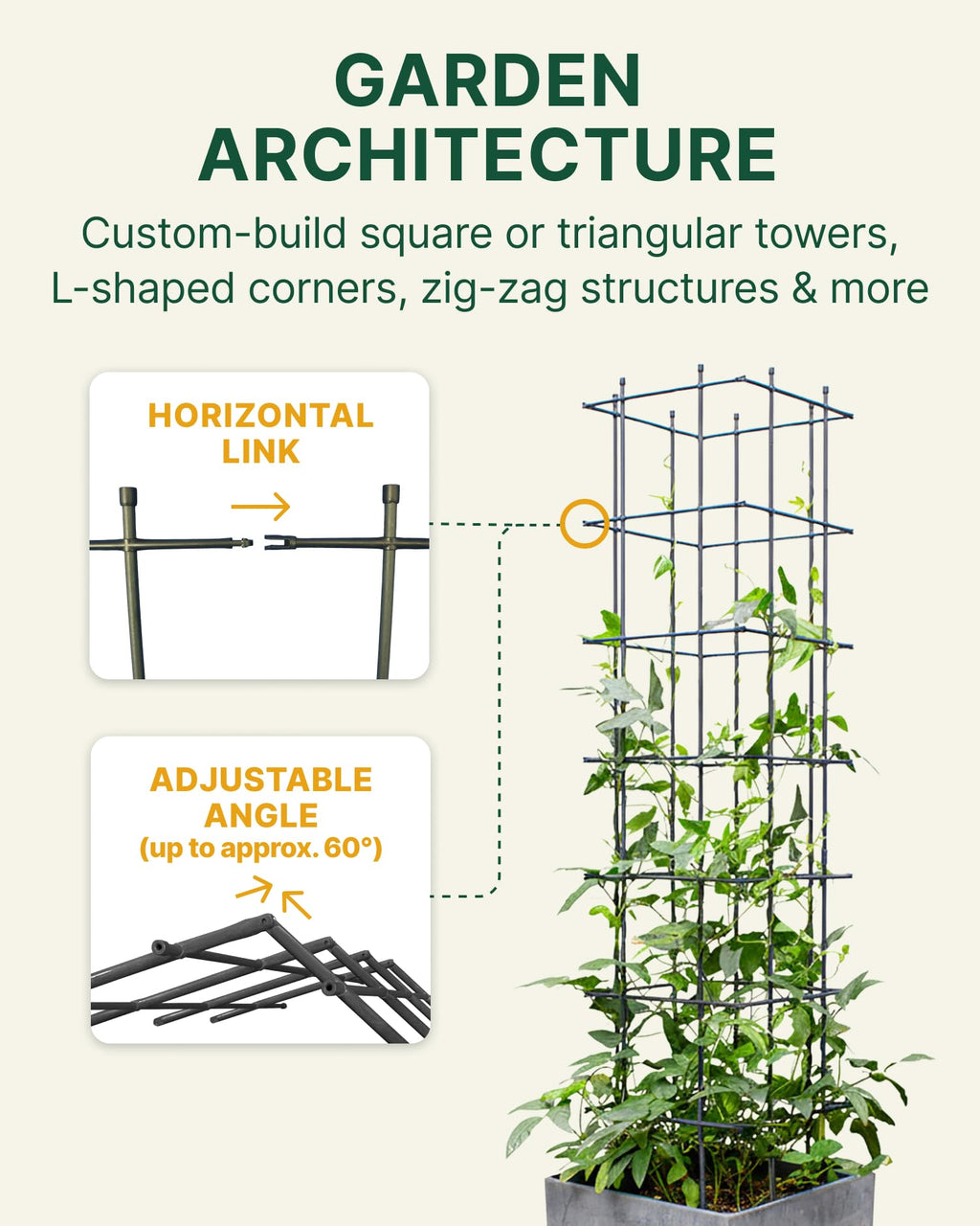 DAIM Multi Link Trellis Plant Support Garden Trellis for Climbing Plants Outdoor Plant Supports for Indoor Plants Stackable Fence Tower Modular L or V-Shape for Balconies & Gardens, Gray, 16 Pieces