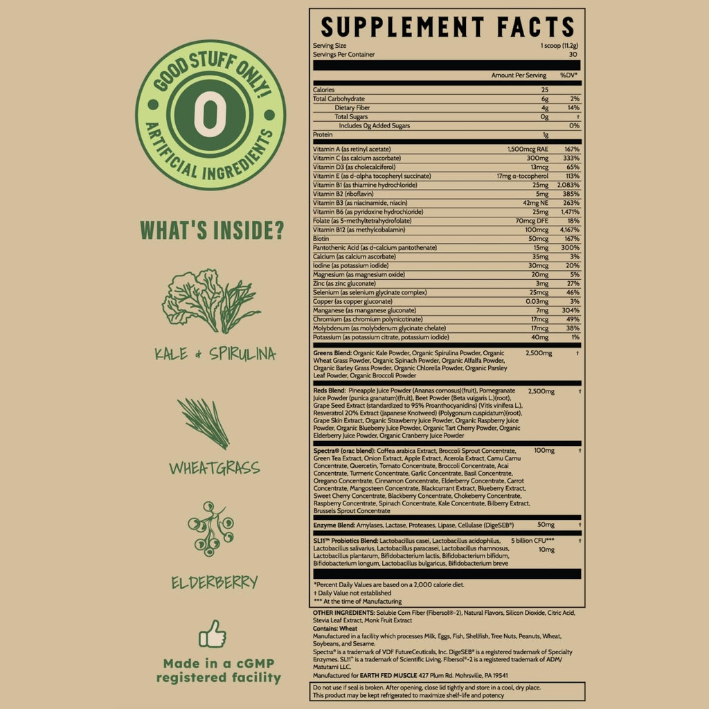 Earth Fed Muscle Greens and Reds Superfoods Blend, Piña Colada – Kale, Spirulina, Wheatgrass & Elderberry – Antioxidant Support, Vitamins & Probiotics – No Artificial Ingredients – 30 Servings