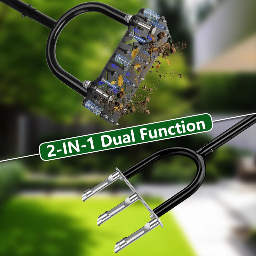 Bigwish 2-in-1 Lawn Aerator Tool with Interchangeable Spike & Plug Core Heads, Manual Lawn Aerator with Adjustable Handle, Heavy Duty Yard Aerator for Soil Loosening Lawn Care Garden Yard