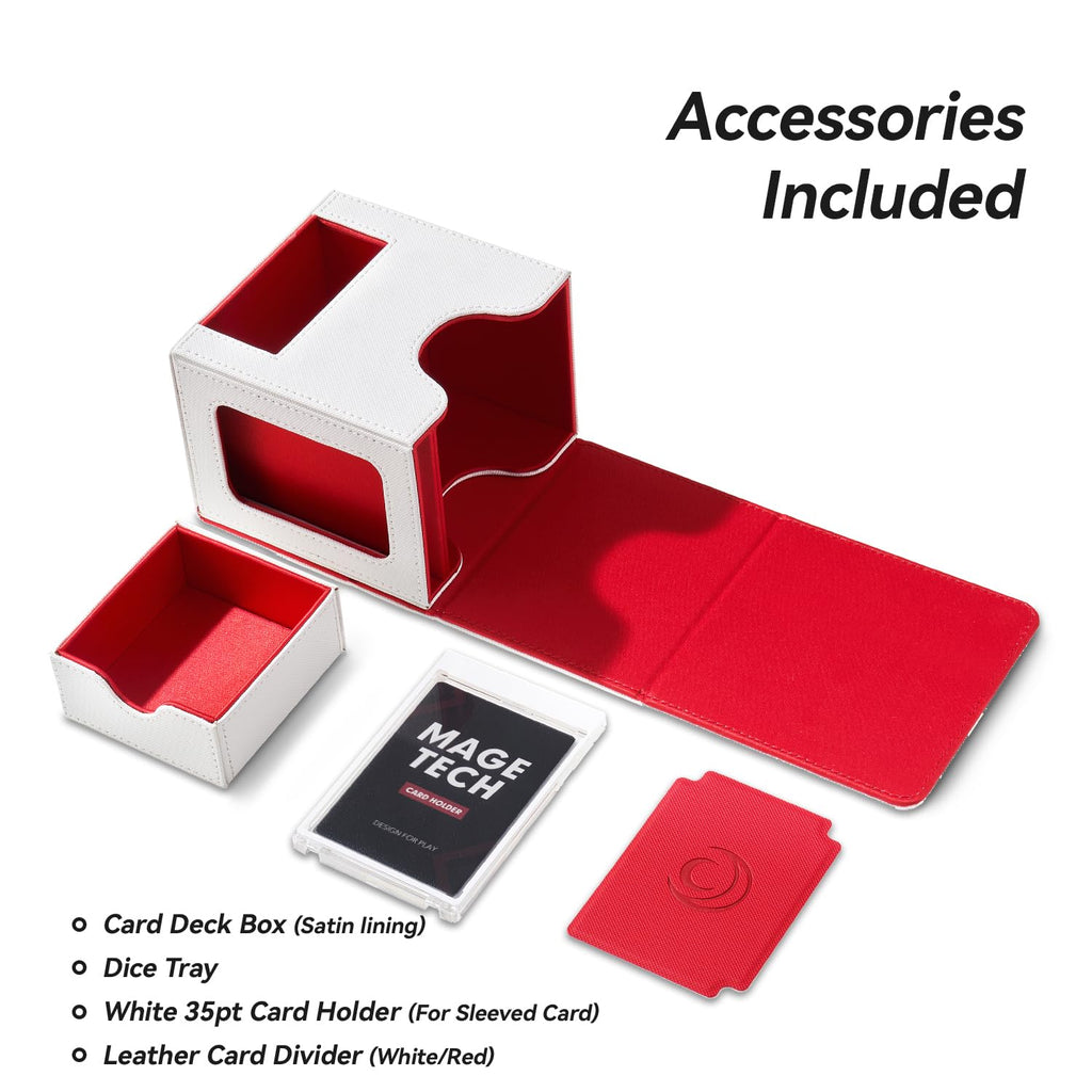 Mage Tech Card Deck Box for MTG Commander - Patented Design, Commander Display, Fits 100 Double-Sleeved Cards, 35pt Card Brick & Dice Tray - White/Red