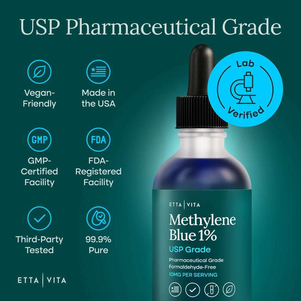 Methylene Blue Drops - USP Pharmaceutical Grade 99.99% Pure 1% Solution for Energy, Focus, Clarity, Cognition & Cellular Support - 3rd Party Tested, Formaldehyde-Free, Made in USA, 2oz Tincture