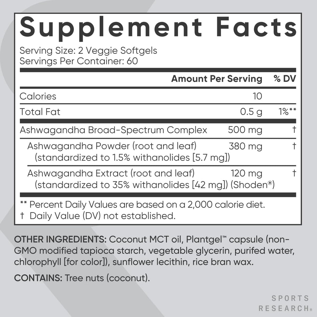 Sports Research® Ashwagandha Softgels with Coconut MCT Oil - Natural Ayurvedic Adaptogen Made with Shoden® Ashwa for Relaxation, Calm & Sleep Support - Gluten Free & Vegan Friendly - 120 Count