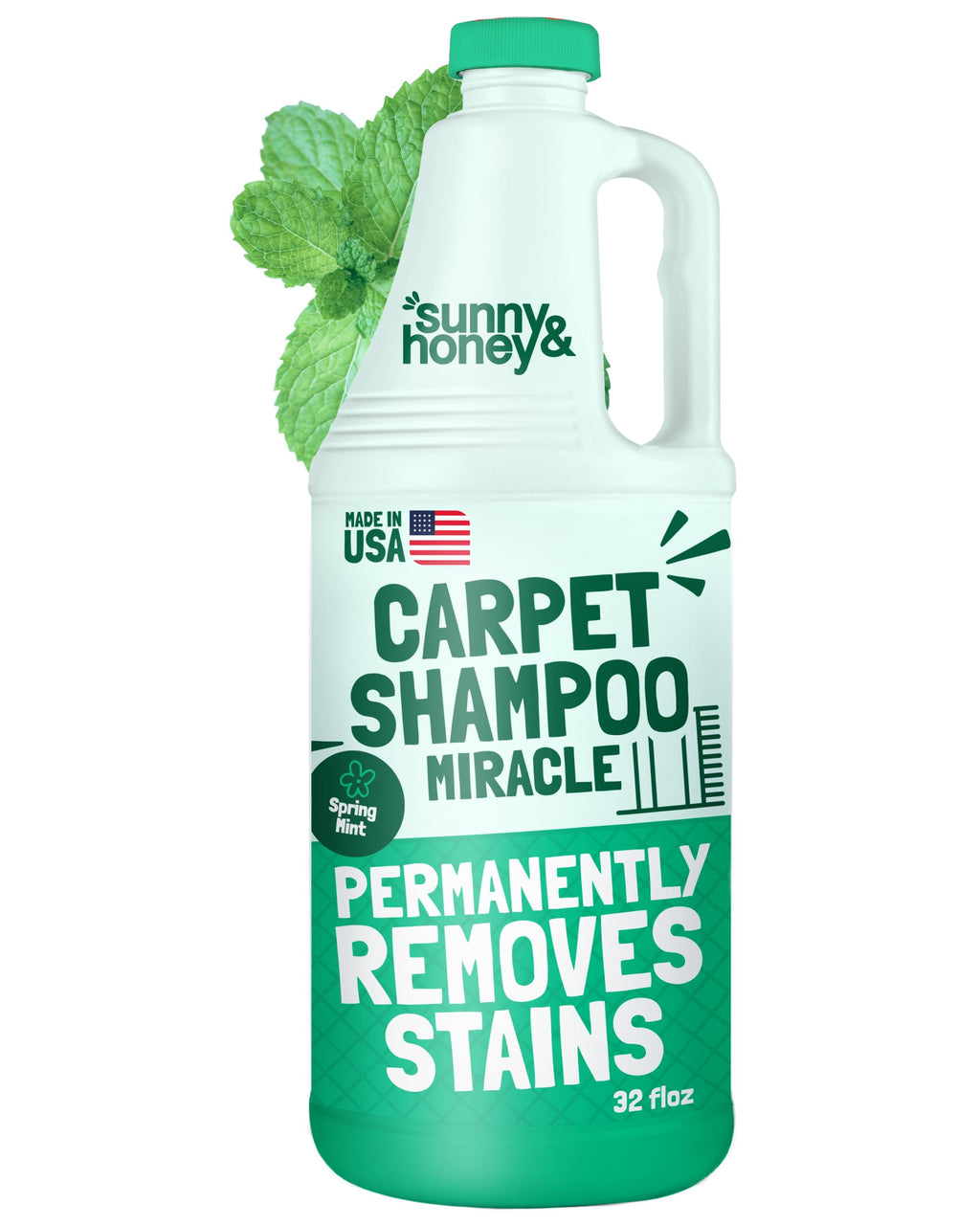 Sunny & Honey Heavy Duty Carpet Cleaner Solution for Machines - Powerful Stain and Surface Odor Eliminator For New and Deep-set Pet Messes - For Rugs, Couches and Upholstery (32fl oz, Spring Mint)