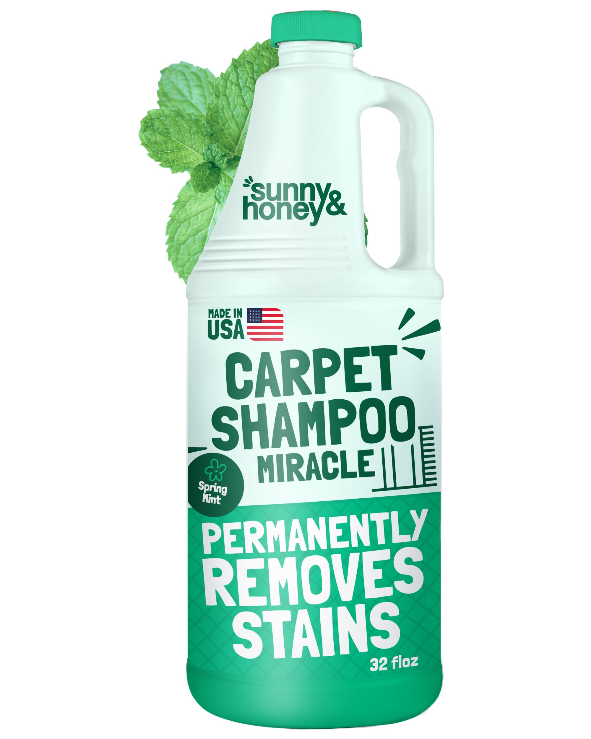 Sunny & Honey Heavy Duty Carpet Cleaner Solution for Machines - Powerful Stain and Surface Odor Eliminator For New and Deep-set Pet Messes - For Rugs, Couches and Upholstery (32fl oz, Spring Mint)