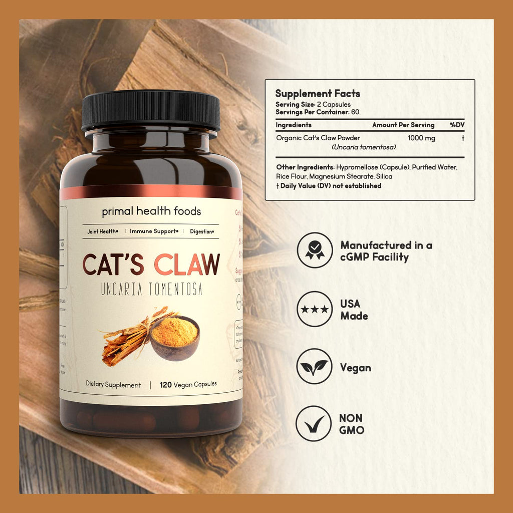 Primal Health Foods Organic Cat's Claw 1000 mg 60 Servings | Immune Support, Digestion and Joint Relief | Vegetarian, Organic, Non-GMO & Gluten Free