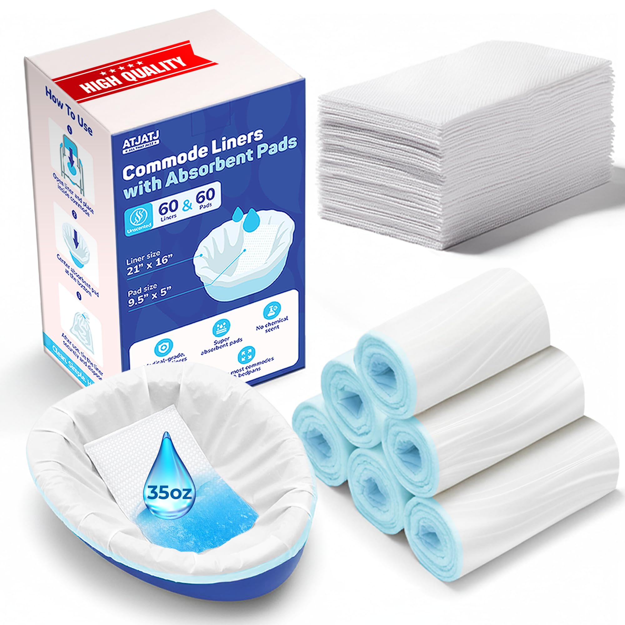 60 Packs Commode Liners With 60 Absorbent Pads, Leak-Proof Disposable Toilet Bags for Adults, Fits All Bedside Toilet Chairs Bucket, Portable Potty Liners for Home Medical Use, No Mess Cleanup