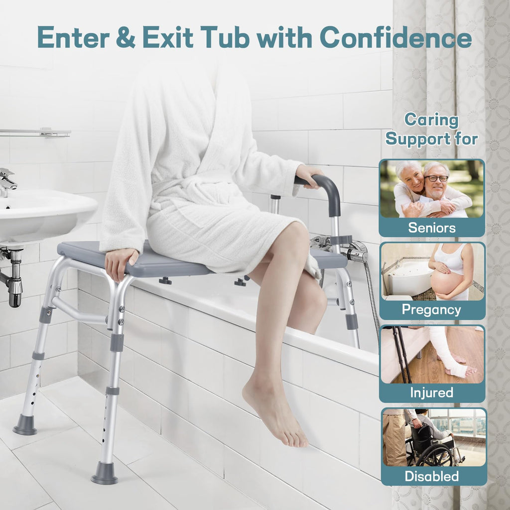 Tub Transfer Bench for Bathtub, Height Adjustable Shower Bench with Backrest, Shower Chair Bath Seat for Elderly, Seniors, Arm Support for Transfer-Gray
