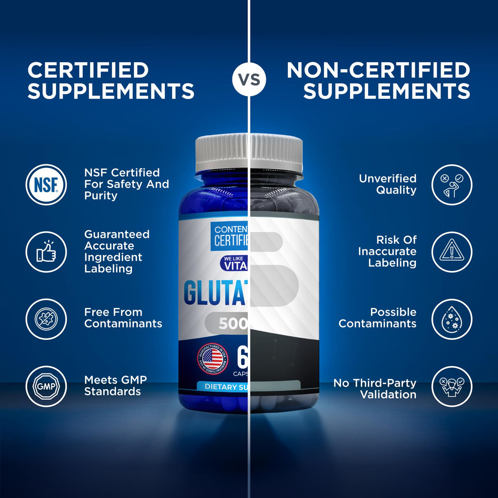 We Like Vitamins NSF Certified Glutathione Supplement 500mg - 60 Capsules of Reduced L-Glutathione for Antioxidant & Immune Support - Manufactured in USA