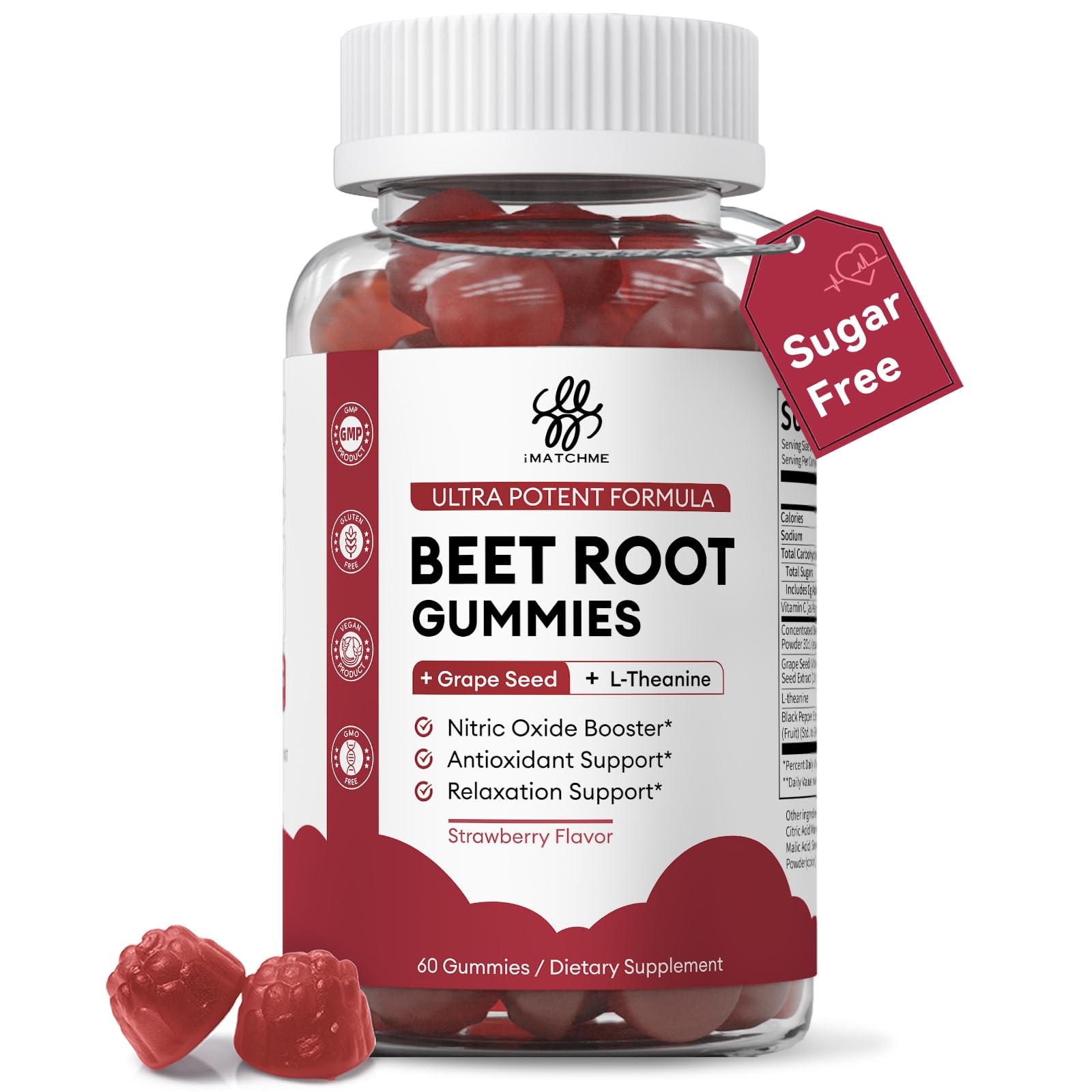 2 Pack Beet Root Gummies – Blood Pressure Support & Mood Support, Super Nitric Oxide Beets Supplement with Grape Seed, L-Theanine & Vitamin C, Sugar-Free Vegan, 30:1 Beet Root Extract, 120 Chews
