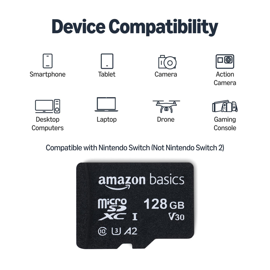 Amazon Basics microSDXC Memory Card with Full Size Adapter, A2, U3, Read Speed up to 100 MB/s, 128GB, Black