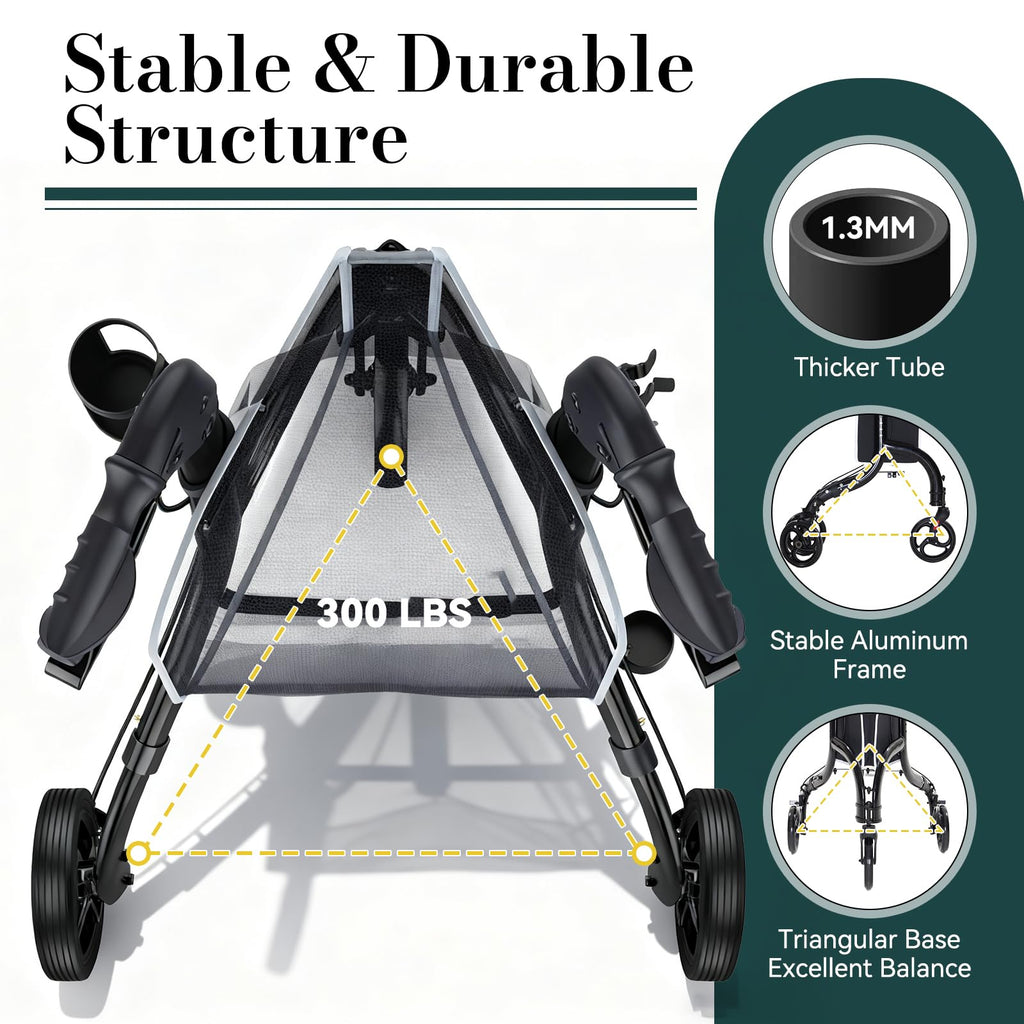 HolyHeal 3 Wheel Walkers for Seniors, Lightweight Rollator Walkers Foldable for Elderly with Cane Hold and Cup Hold, Height Adjustable Aluminum Three Wheel Rolling Walker Mobility Aid, Black