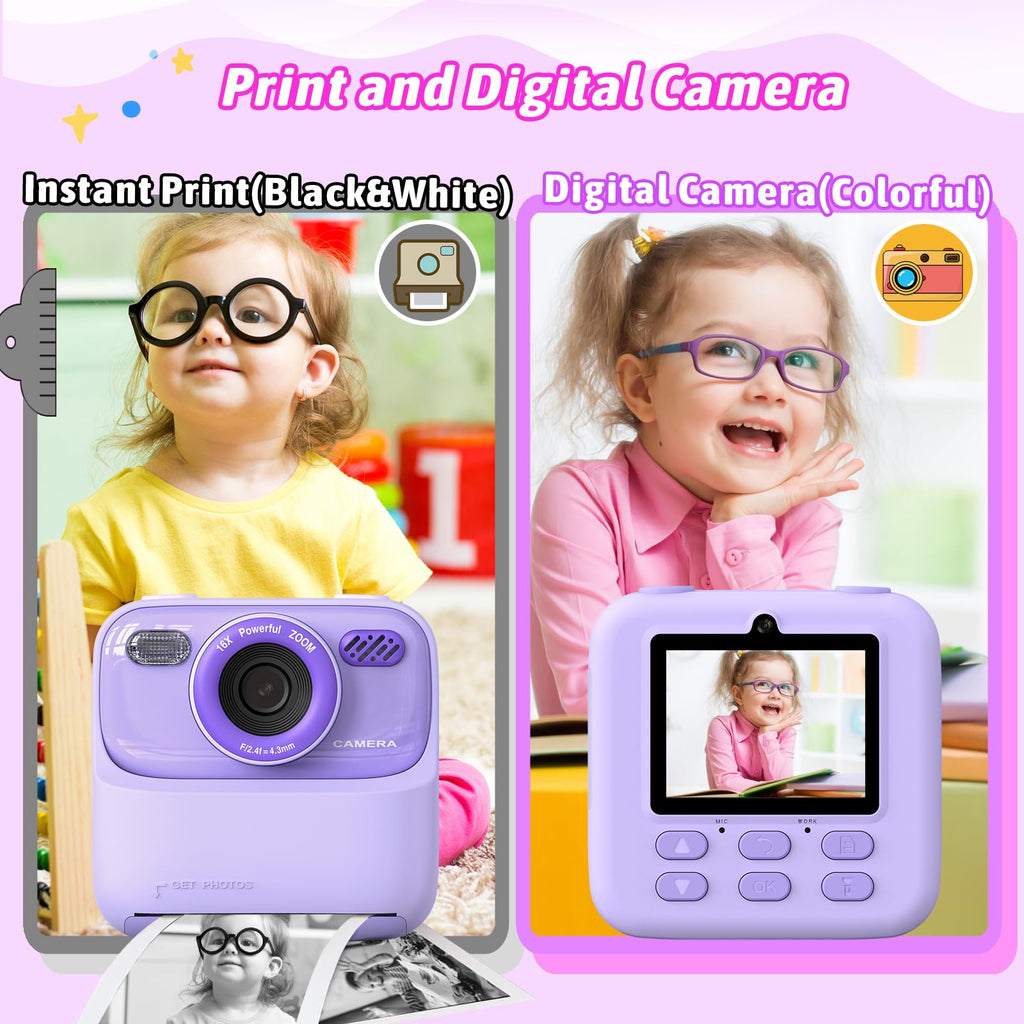 Kids Instant Digital Cameras for Boys and Girls, 1080P HD Dual-Lens Selfie Digital Camera with Print Paper & TF Card, Christmas Birthday Gifts Toys for Toddler and Teenagers Age 3-16 Years Old