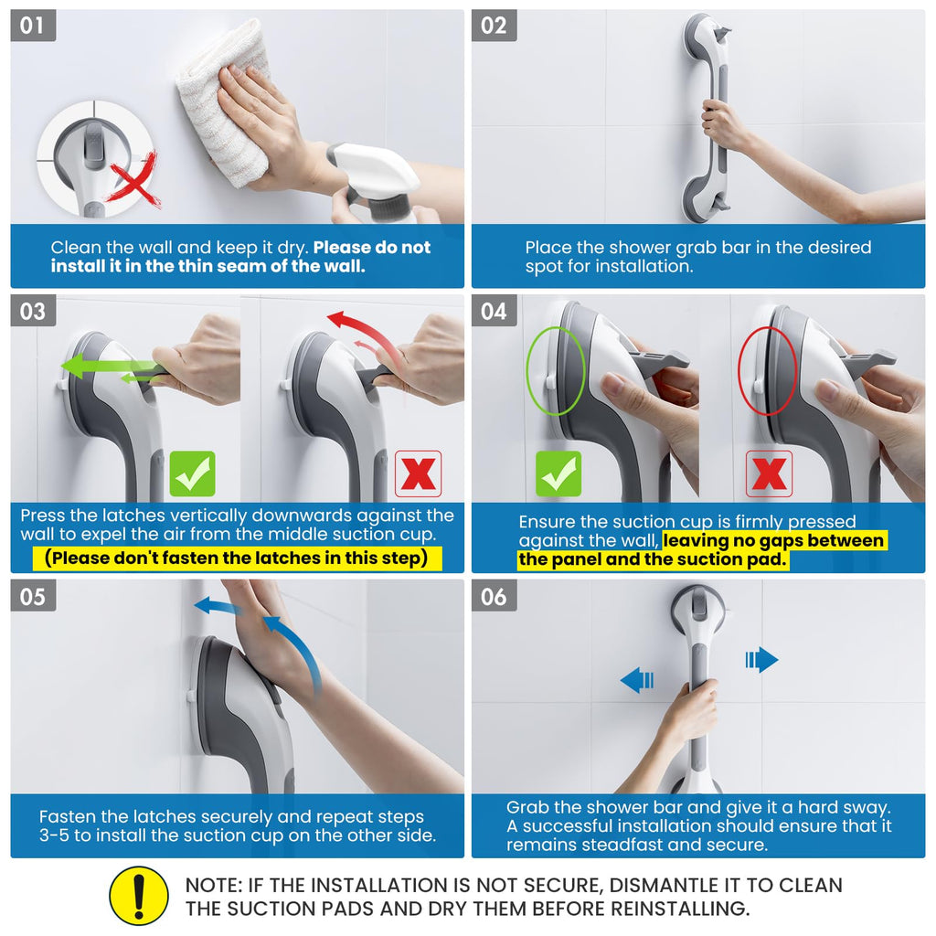 LEVERLOC Grab Bars for Bathtubs and Showers, Shower Handle 17 Inch Strong Suction Bath Handrails, Safety Grip for Bathroom Chair, Bathroom Grab Bar for Senior No Drilling Waterproof,Grey