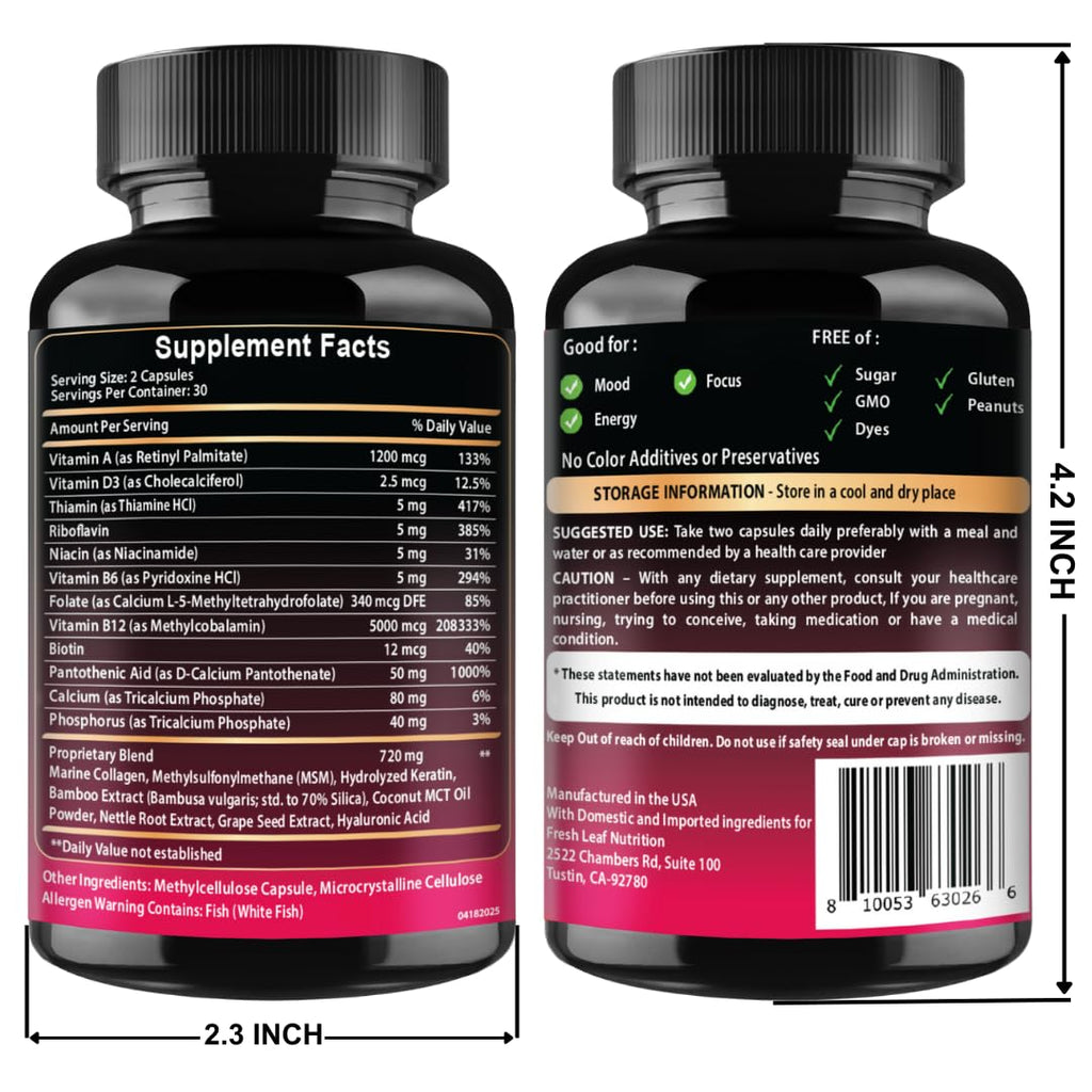 B12 with Hyaluronic Acid, Collagen and Folate – 25000 mcg B12 Complex | Maximize Absorption & Energy | Gluten Free USA Made, B1, B2, B3, B6, B7, B12 vitamins 5000 mcg Methylcobalamin - 60 Capsules