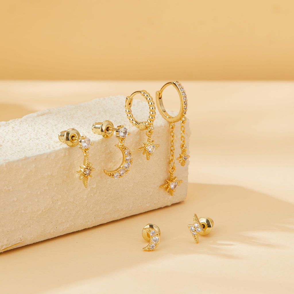 6 Pairs Gold Earrings Set for Women Moon Star Hoop Dangle Dainty Earrings