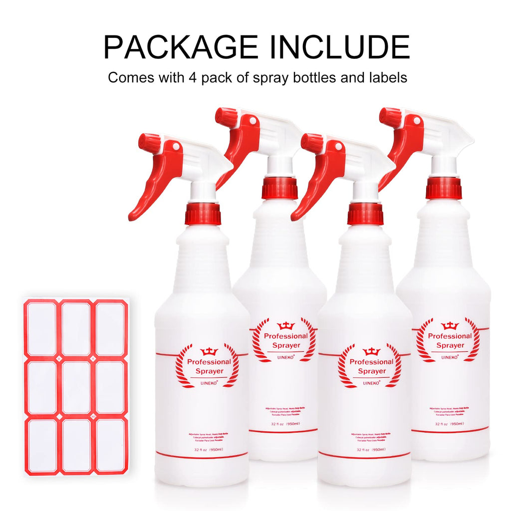 Uineko Empty Spray Bottles, Heavy Duty Sprayer, Mist & Stream, 4 Pack 32 Oz
