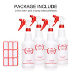 Uineko Empty Spray Bottles, Heavy Duty Sprayer, Mist & Stream, 4 Pack 32 Oz