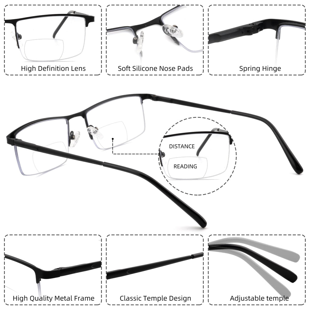 zooxsky 3 Pack Bifocal Reading Glasses for Men,Lightweight Metal Half Frame Clear Top Bi-focal Readers with Spring Hinge+2.50