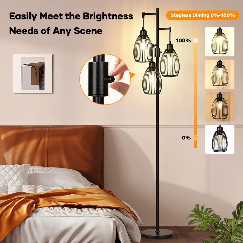 Dimmable Floor Lamp, 3 x 800LM LED Edison Bulbs Included, Farmhouse Industrial Floor Lamp Standing Tree Lamp with Elegant Teardrop Cage Tall Lamps for Living Room Bedroom Office Dining Room-Black