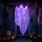 JOYIN Halloween Hanging Light up Ghost, 47" White Ghosts with Purple LED Light and Timer Halloween Hanging Decoration Waterproof for Front Yard Patio LawnGarden Party Decor Indoor Outdoor