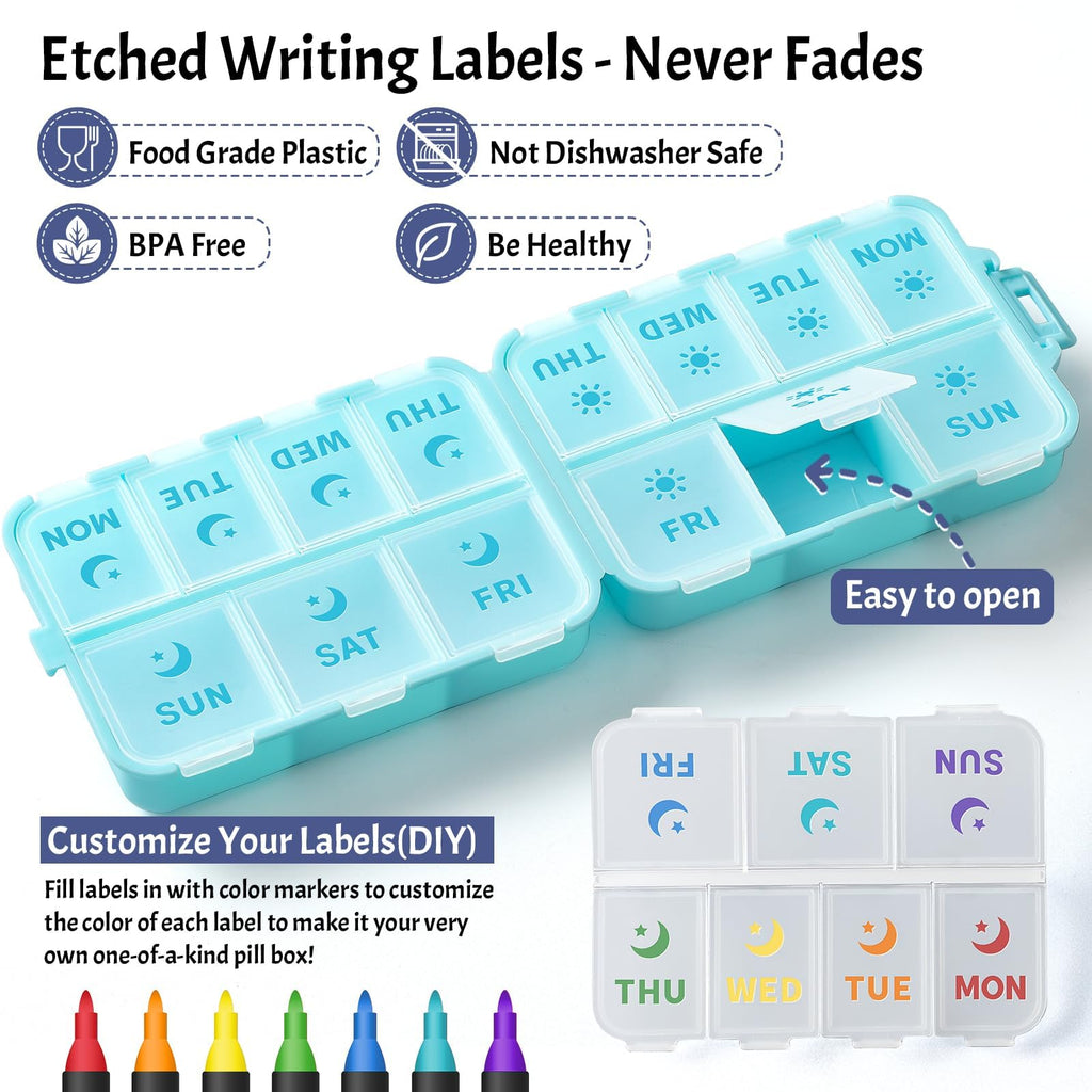 NEW Foldable & Double Protection Portable Weekly Pill Organizer 2 Times A Day with Etched Labels, AM PM 7 Day Week Medicine Box, Daily Travel Pill Case Dispenser for Vitamin, Supplement - Sky Blue