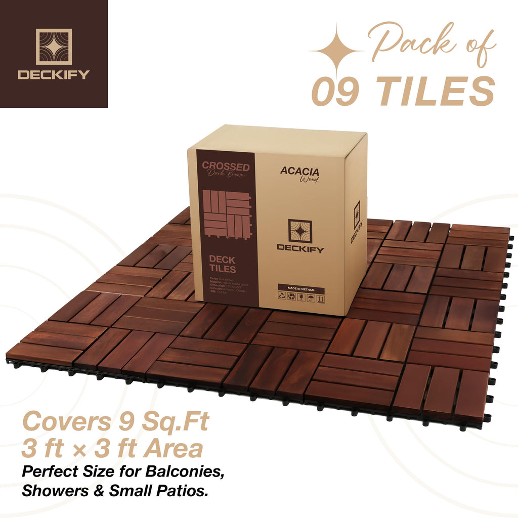 DECKIFY 9Pcs Acacia Wood Interlocking Patio Deck Tiles, 12 x 12 x 0.9 Inch Outdoor Flooring, Waterproof for All-Weather Use – Crossed, Dark Brown