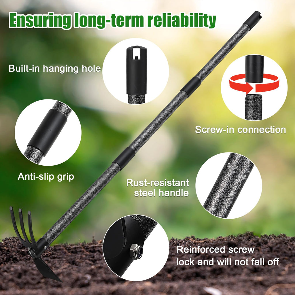 Garden Hoe with 3-Tine Cultivator Rake, 2-In-1 Carbon Steel Sharp Weeding Tool with 60 " Long Handle For Weed Removal, Soil Loosening, Planting,Cultivating In Raised Flower Beds,Vegetable Gardens