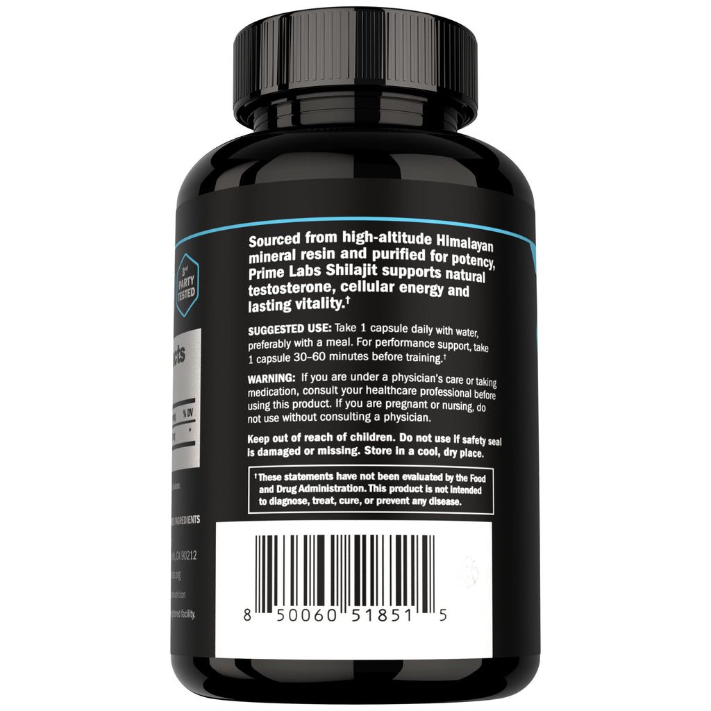 Prime Labs Shilajit Capsules for Men - 500mg Himalayan Shilajit (20% Fulvic Acid) - Energy, Vitality, Testosterone Support - Third-Party Tested, Made in the USA, Non-GMO - 60 Count, 60 Servings