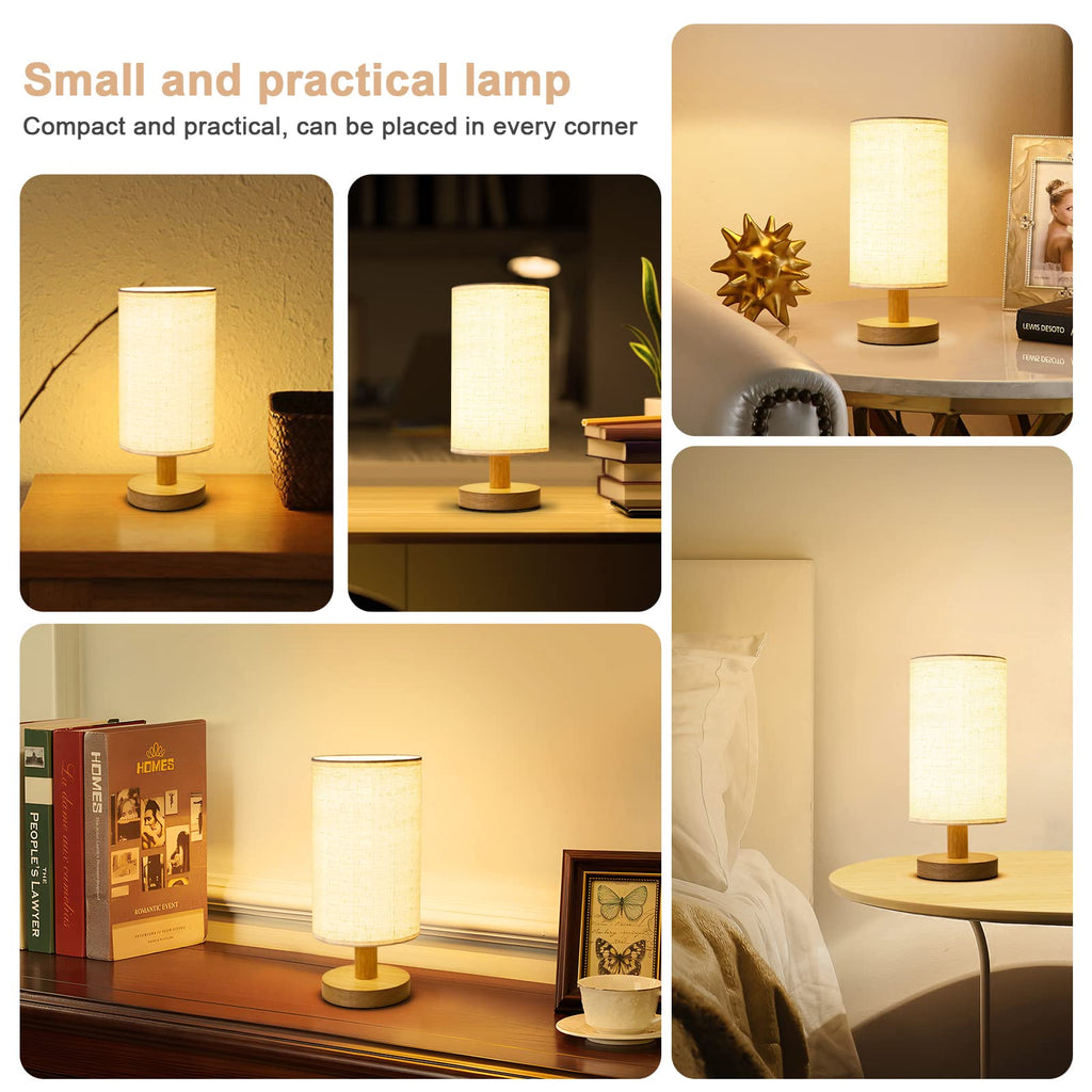 Small Bedside Table Lamp for Bedroom, Minimalist Wood Base & Round Fabric Shade, Mini Cute Cozy Warm White Nightstand Boho Lamp, Study Desk Night Stand Light for Room, Dorm, Nursery, Living Room
