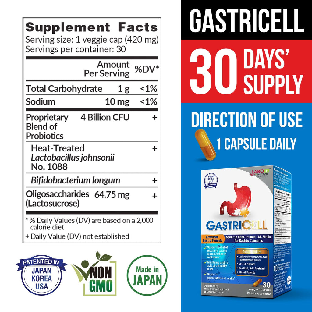 LABO Nutrition GASTRICELL - Acid Reflux, Heartburn, Recurring Gastric Discomfort For Natural Defence Against Gastric Distress, Supports Lining Integrity - Heat Treated Postbiotic, 1 Daily, 30 capsules