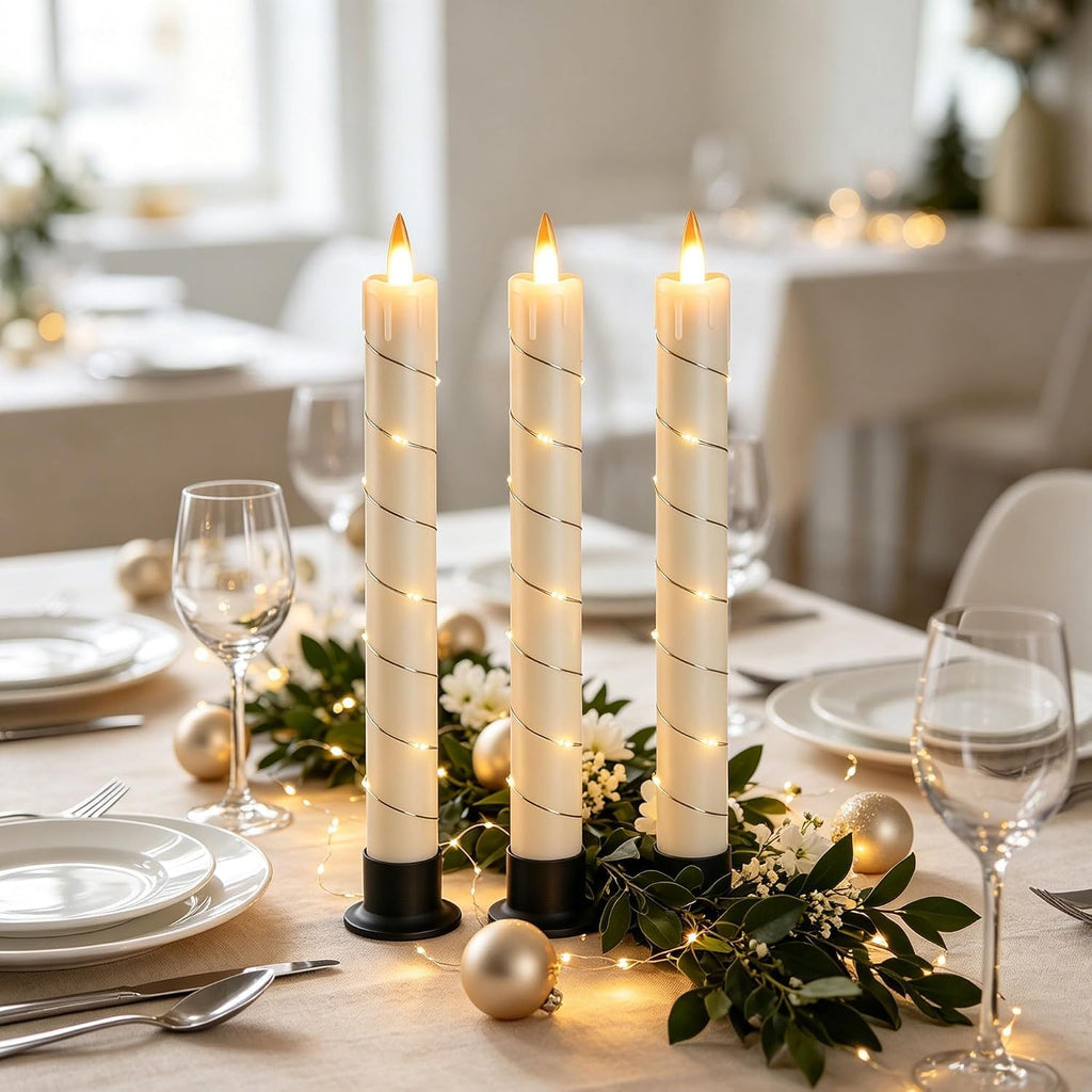 Flameless Cone Candle with Built-in Star String Light, 11-Button Remote Control, Timer, Battery Powered, Simulated Flame, 3-Pack Window Candle, Christmas Home & Wedding Decoration (Ivory)