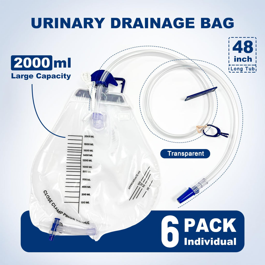 Carbou 2000ml Urine Drainage Bags, 6 Pcs Catheter Bags with Anti-Reflux Chamber - 48" Drainage Tube with Clamp & Hook, Quick-Release Drain Port