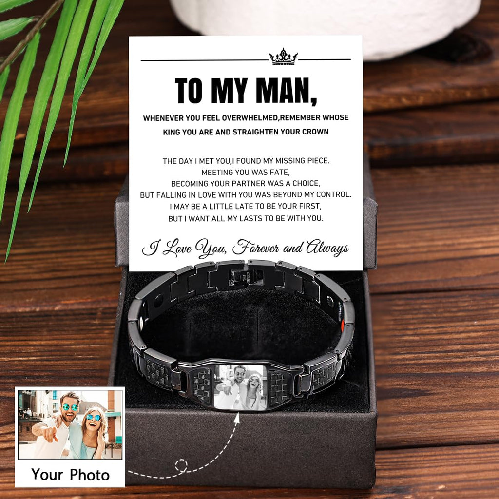 Luxladis Personalized Photo Bracelet for Men Customized Picture Bracelet Gift for Dad Husband Brother Fathers Day (Black)