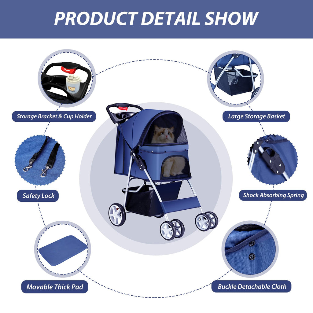 Unisakey 4 Wheels Pet Stroller for Small Medium Dogs Cats 10-33 lbs, Foldable Dog and Cat Stroller with Cup Holder & Storage Basket & Breathable Mesh, Pet Strolling Cart for All-Season, Navy Blue