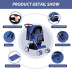 Unisakey 4 Wheels Pet Stroller for Small Medium Dogs Cats 10-33 lbs, Foldable Dog and Cat Stroller with Cup Holder & Storage Basket & Breathable Mesh, Pet Strolling Cart for All-Season, Navy Blue