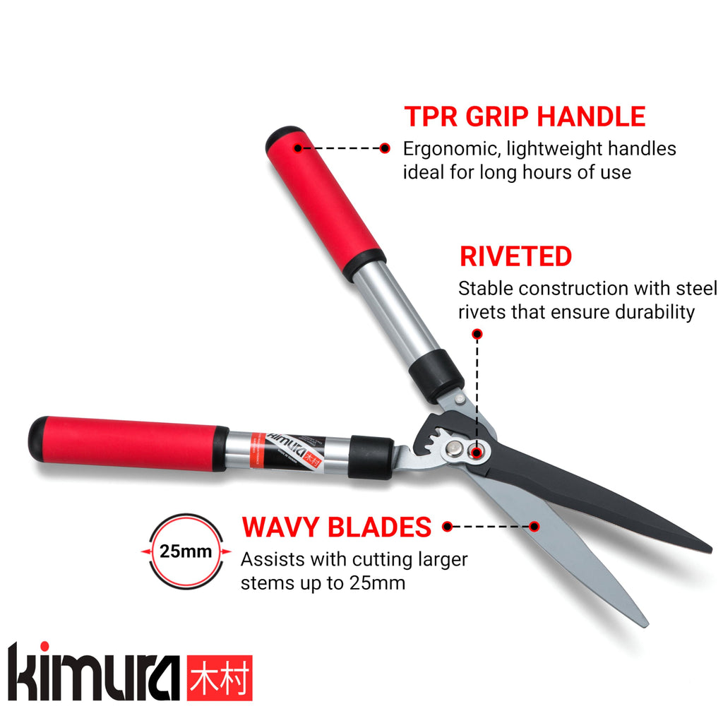 Kimura® Pro Heavy Duty Hedge Shears - Premium Garden Clippers with Patented Gearing Technology, Ultra Lightweight Aluminium Handles, Japanese SK5 Steel Blades, Ideal Shears for Gardening - 22" Trimmer
