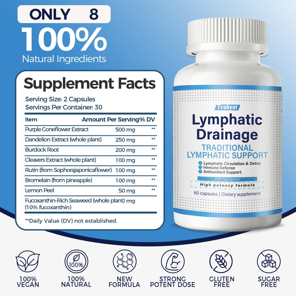 Trobyot Lymphatic Drainage Capsules for Sedentary Lifestyles | Lymphatic Support Supplement with Dandelion & Cleavers | Supports Fluid Balance, Digestion & Circulation | Non-GMO, Vegan | 60 Count