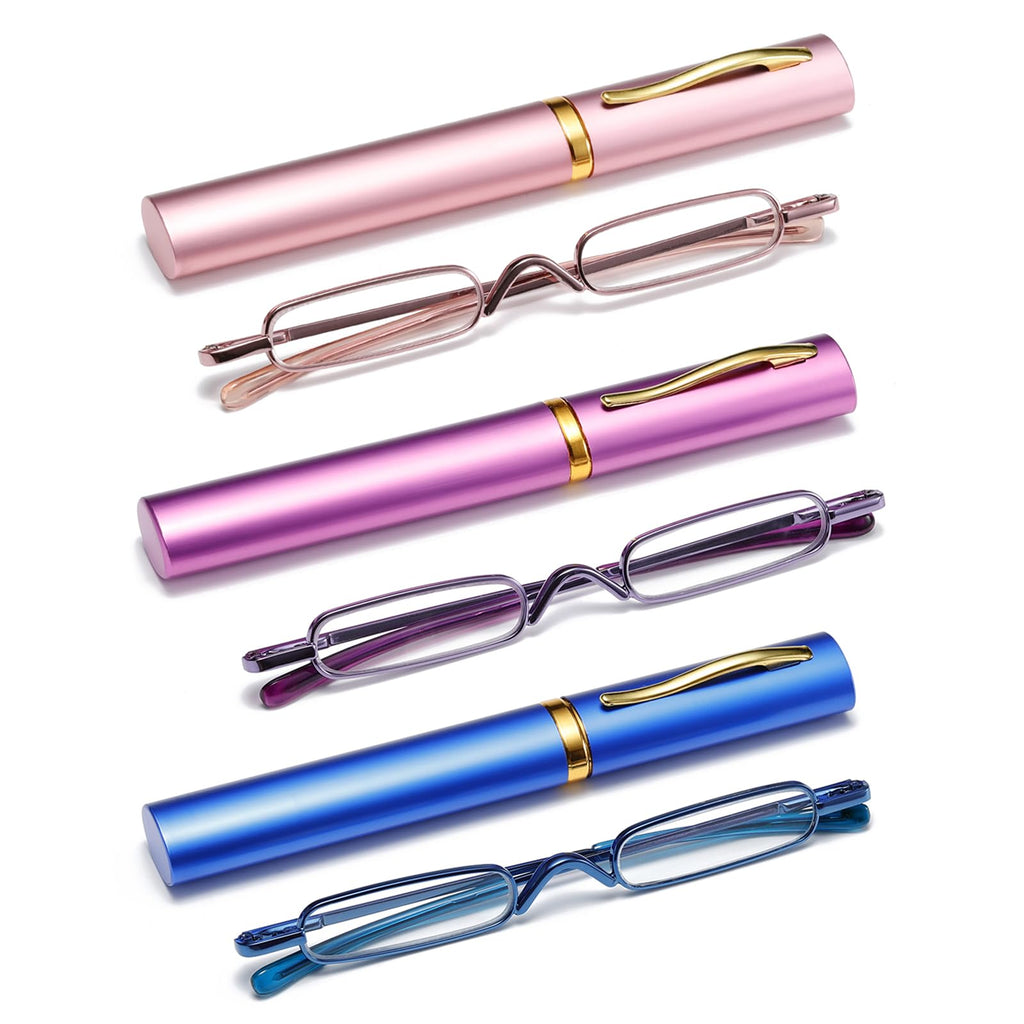 OWTXIS 3 Pack Mini Slim Pen Reading Glasses - Compact Readers with Pen Clip Case Spring Hinge Metal Frame Eyeglasses (Pink, Purple, Blue, +2.00)
