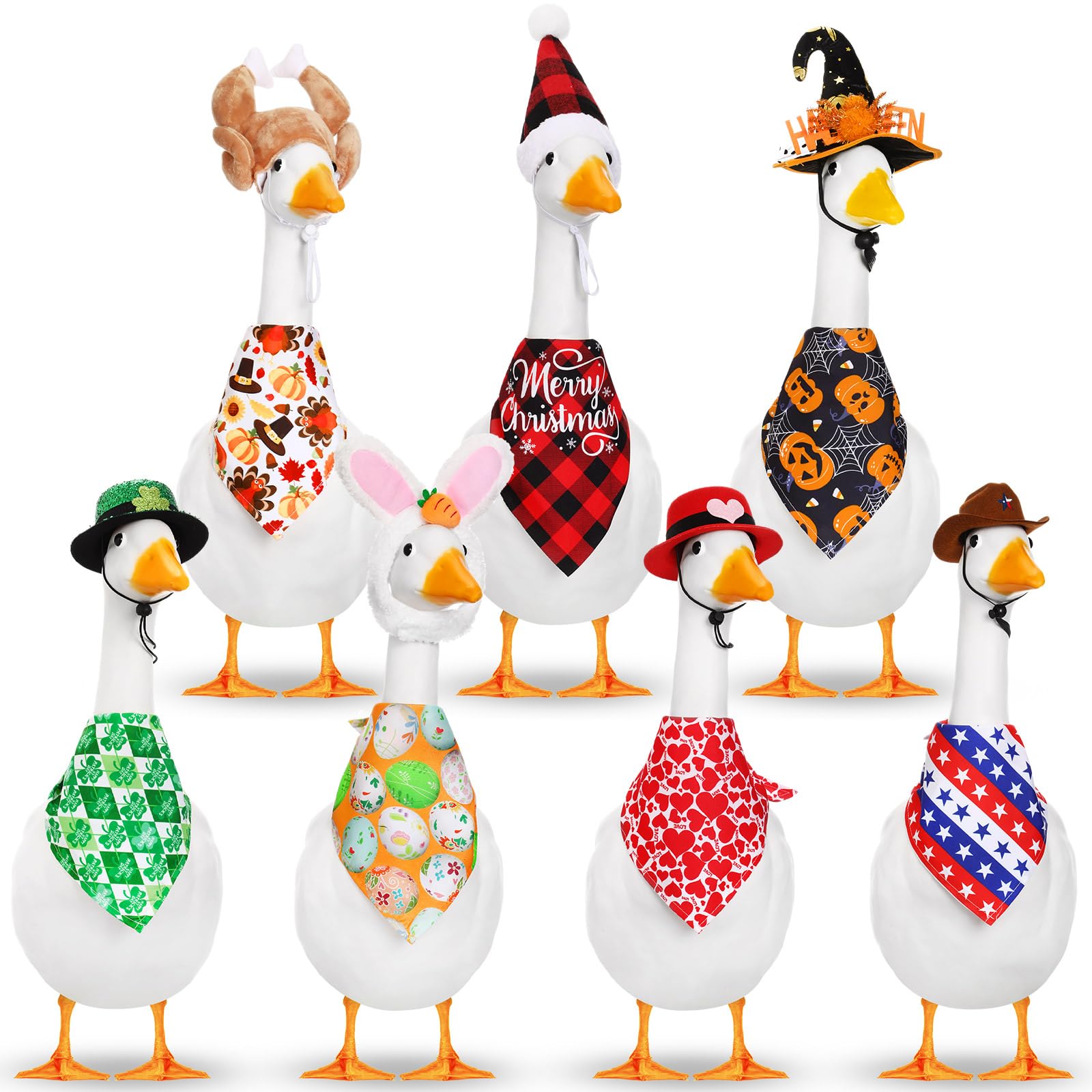 Silicherry 7 Set Holiday Porch Goose Outfits All Seasons 4th of July Halloween Thanksgiving Christmas Valentine St. Patrick's Day Easter Geese Clothes for Garden Patio Yard Lawn Decor(Bandannas)