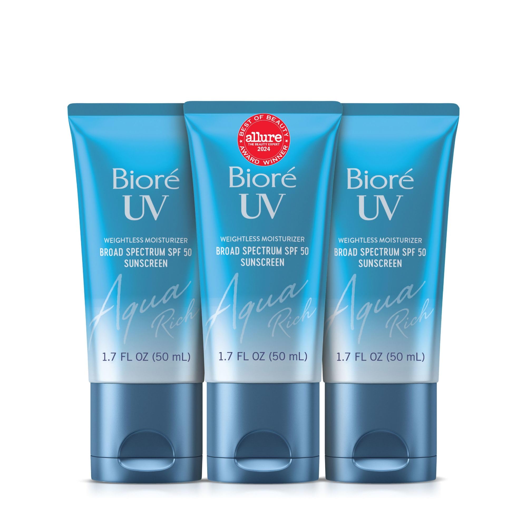 Biore UV Aqua Rich Daily Hydrating Facial Moisturizer with SPF 50 | Oil Free Sunscreen for Sensitive Skin with Hyaluronic Acid, Non-Comedogenic, Dermatologist Tested, 1.7 Oz/3 Pack
