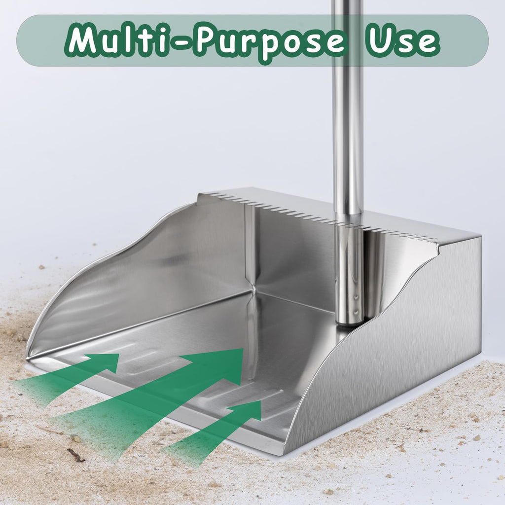 Dust Pans with Long Handle,Heavy Duty Metal Dust Pan with Handle,Upright Stand Up Dustpan with Dust Pan Teeth to Clean Hair for Home Kitchen Office Lobby Floor Garden