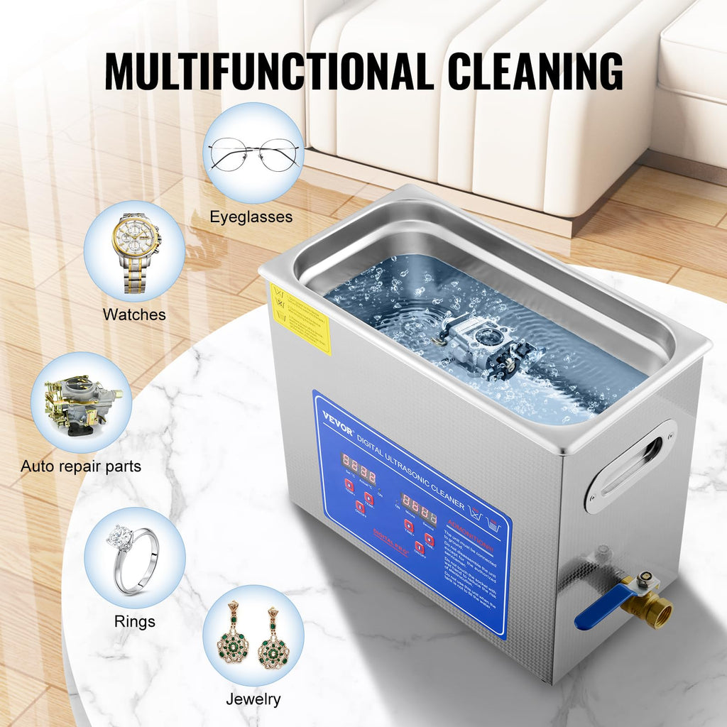 VEVOR 6L Commercial Sonic Cleaner, 40kHz Professional Cleaning Machine with Digital Timer & Heater, 110V - Ideal for Watches, Instruments, and Industrial Parts, FCC/CE/RoHS Certified