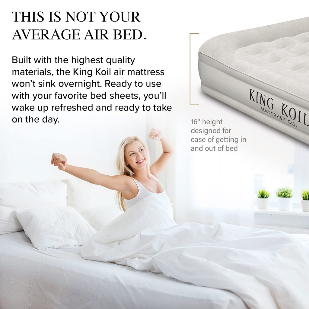 King Koil Luxury Queen Size Air Mattress with High-Speed Built-in Pump, Blow Up Bed Top Side Flocking, Puncture Resistant, 16in Double High Inflatable Airbed Guests or Travel 1-Year Warranty