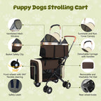 Beuway Double Pet Stroller for Dogs and Cats, One-Step Folding Dog Stroller Travel Carriage for Small Medium Dogs Cats, 2 Detachable Carrier Bags, 4 Lockable Wheels (Brown)