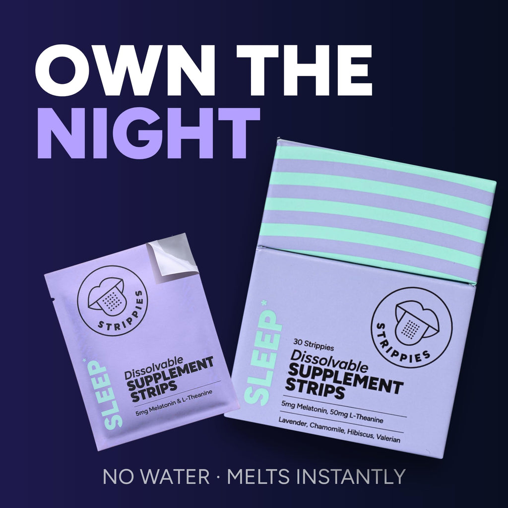 STRIPPIES Dissolvable Sleep Strips – Fast-Acting Melatonin 5mg with L-Theanine, Lavender, Chamomile, Hibiscus & Valerian – Natural Cranberry Flavor – 90 Strips