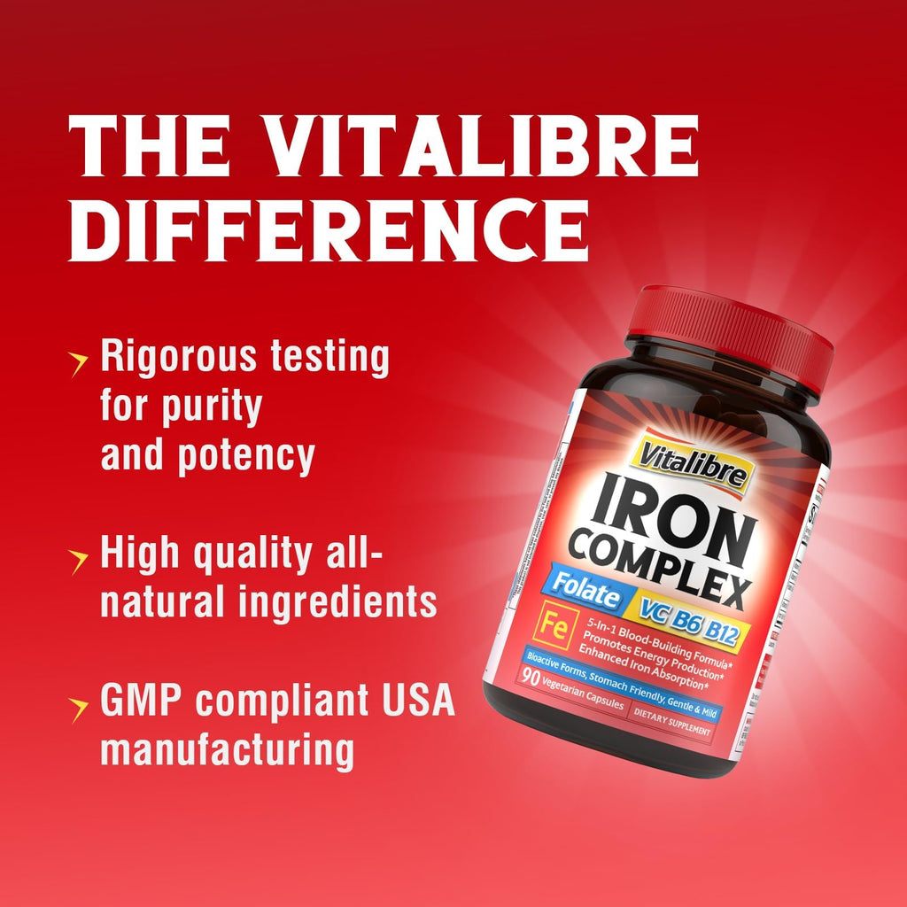 Iron Supplement for Women & Men, with Vitamins C, B6, B12 & Folate for Iron Deficiency, Blood Building & Energy Support, Stomach Friendly, Better Absorption, Non-GMO, No Gluten, 90 Vegan Caps